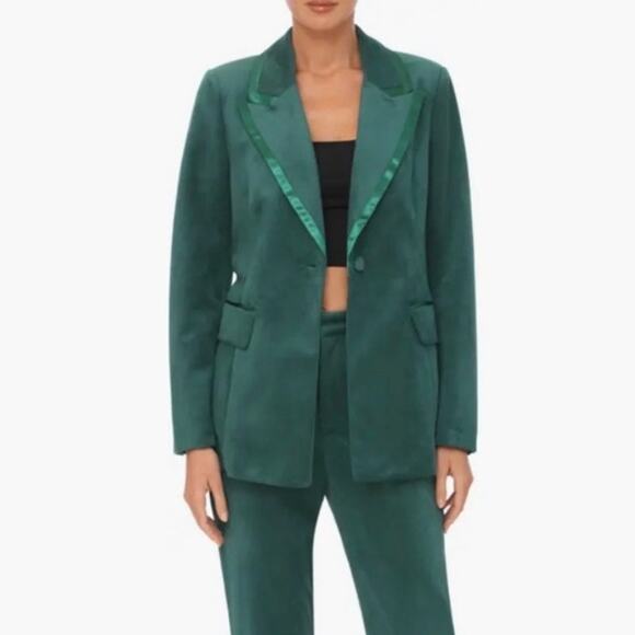 Avec Les Filles Faux Suede Satin Trim Tuxedo Jacket Blazer Green Holiday Size S - Picture 1 of 10